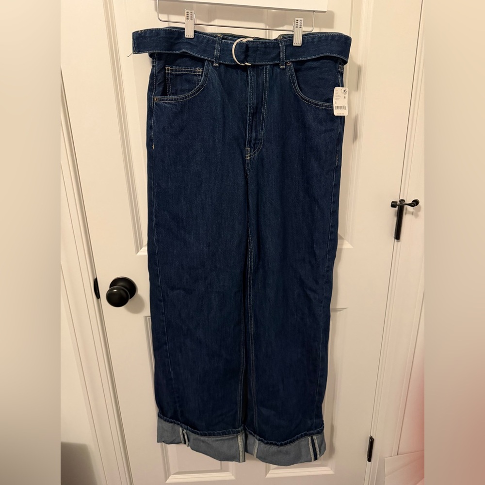 Free People Dark Blue Wide Leg Belted Jeans